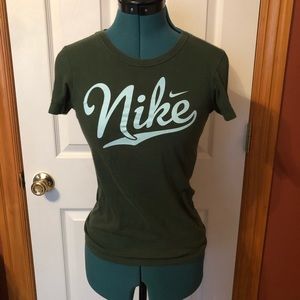 Nike olive T-shirt with light blue script X small